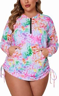 Halcurt Plus Size Rash Guard for Women UPF 50+ Zip Drawstring Ruched Pocket Top