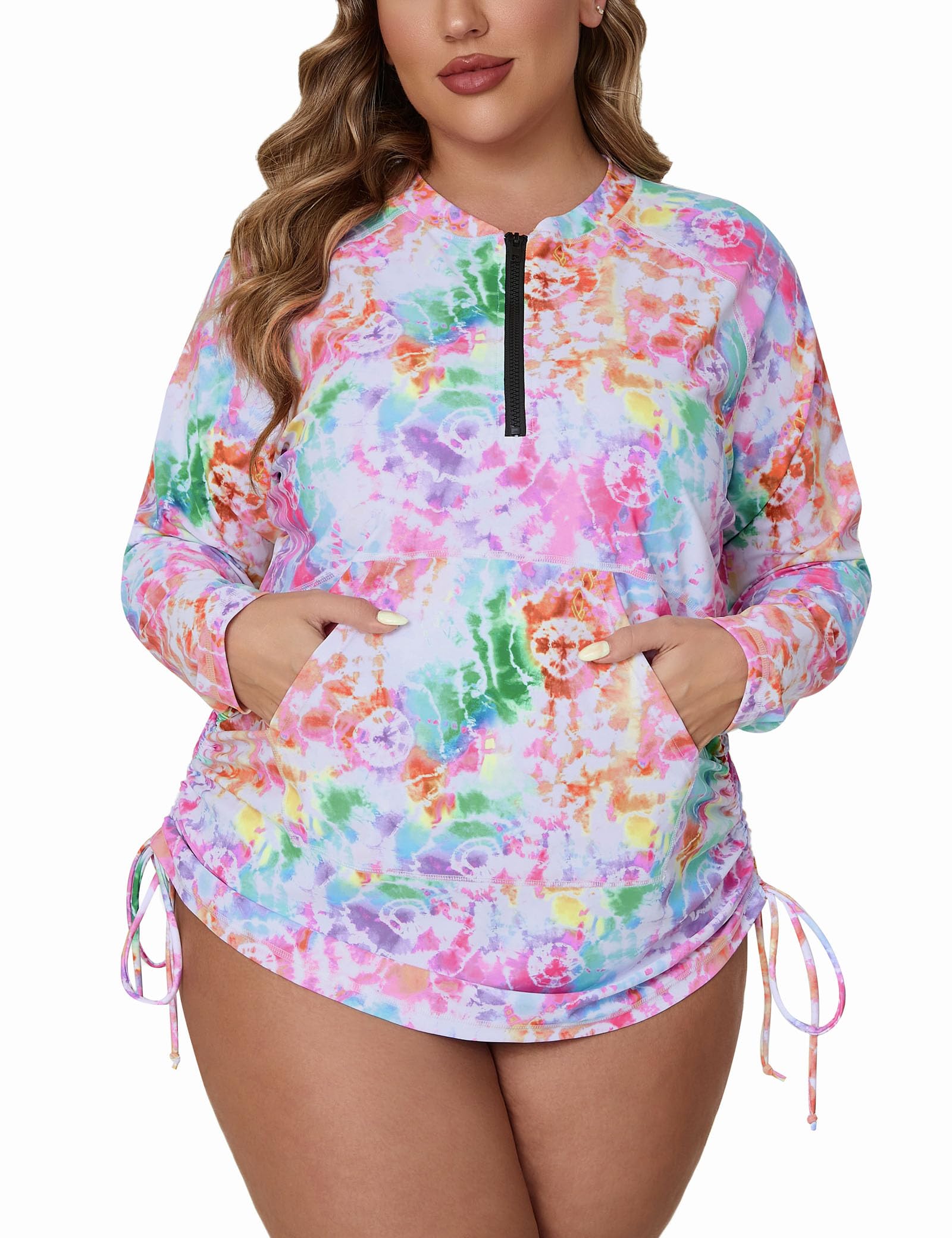 Halcurt Plus Size Rash Guard for Women UPF 50+ Zip Drawstring Ruched Pocket Top