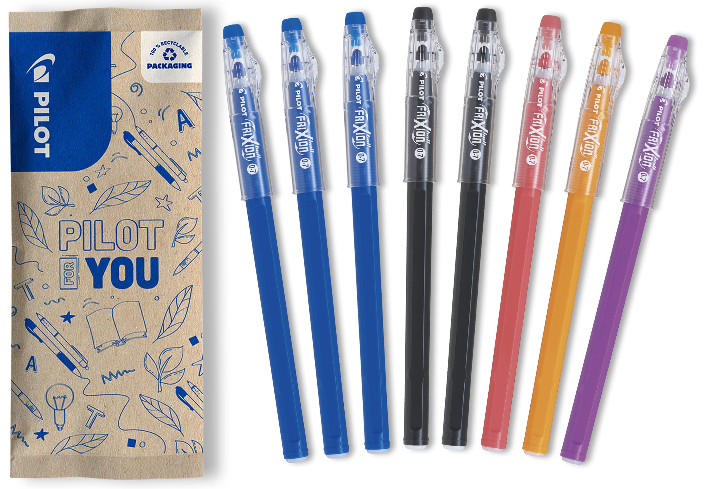 PILOT - Set of 8 FriXion Ball Stick Pens - Erasable Gel Ink - 3 Blue, 2 Black, 1