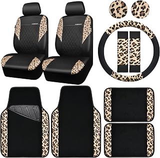 CAR PASS Leopard Print Faux Leather Car Seat Covers &amp; Leopard Car Mats&amp;Leopard Steering Wheel Cover Seat Belt Pad Universal Car Accessories for SUV,Van,Saden,Truck Automobile Interior Sets