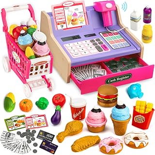 Wooden Cash Register for Kids with Shopping Cart Kid Cash Register with Scanner Gift for Kids Age 3 4 5 6 7 8 9 Year Old Pretend Play for Toddlers Toys for 3-12 Year Old Girls