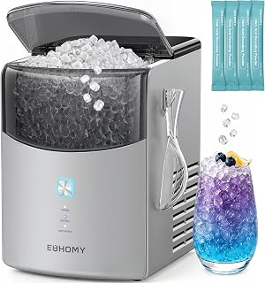 Euhomy Countertop Nugget Ice Maker, 35lbs Daily Sonic Crushed Ice Machine | Ice Ready in 5 Mins, Dual-Pump Self-Cleaning, Detachable Lid, Pebble Ice Maker with Basket, Scoop, 4 Packs Cleaner, Grey