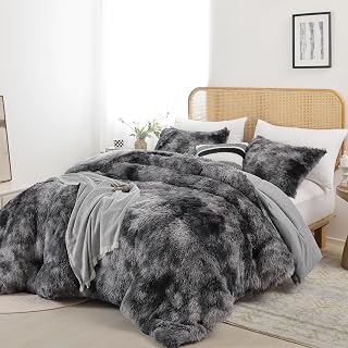 Smoofy Fluffy King Size Comforter Set Tie-dye Grey Faux Fur Comforter 3 Pcs | Luxury Fuzzy King Bedding Set, Soft Plush Bed Set for All Season, 1 Cozy Comforter & 2 Pillowcases