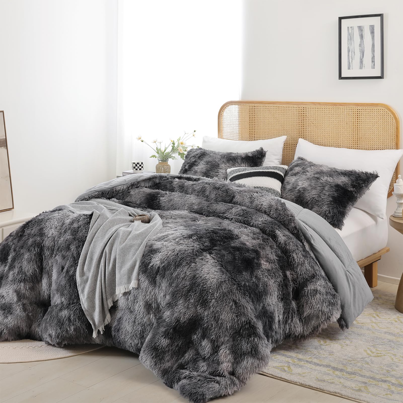 Smoofy Fluffy King Size Comforter Set Tie-dye Grey Faux Fur Comforter 3 Pcs | Lu