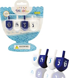 The Dreidel Company Bulk Solid Blue & White Wooden Hanukkah Dreidels, Hand Painted with English Transliteration- Includes Game Instruction Cards (4-Pack)