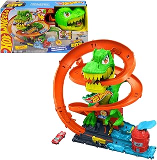 Hot Wheels City T-Rex Blaze Battle & 1:64 Scale Die-Cast Toy Car​​ | 18” Tall Track Set with Multiple Race Outcomes, Dino's Eyes Spin When Knocked Out, JBM73