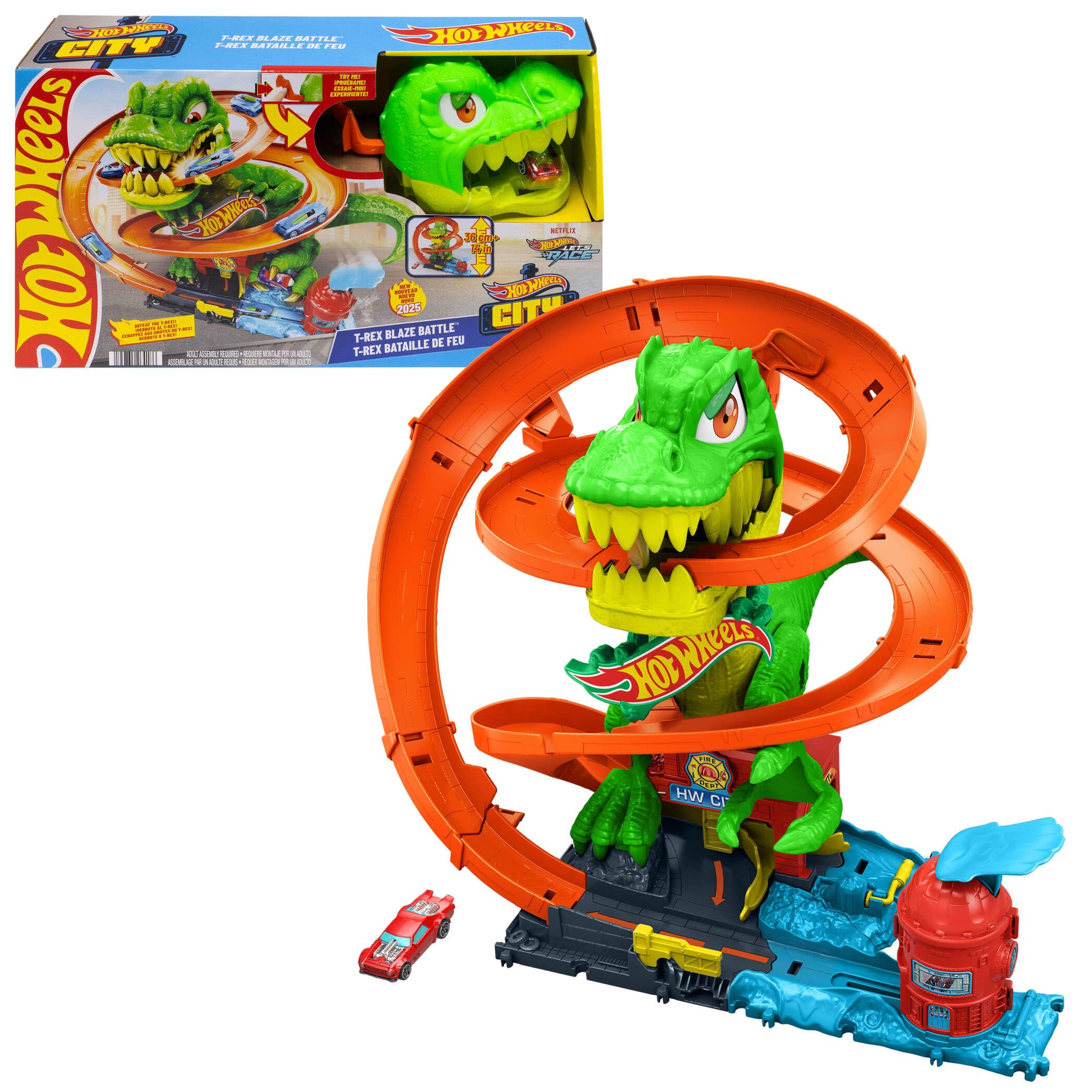 Hot Wheels City T-Rex Blaze Battle & 1:64 Scale Die-Cast Toy Car​​ | 18” Tall Tr