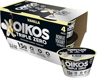 Oikos Triple Zero Greek Yogurt, Vanilla, 15g Protein, 5.3 oz, 4 Count | High-Protein Nonfat Greek Yogurt, Packed with 15g Protein, 0g Added Sugar, 0 Artificial Sweeteners, 0% Fat, Easy Snack