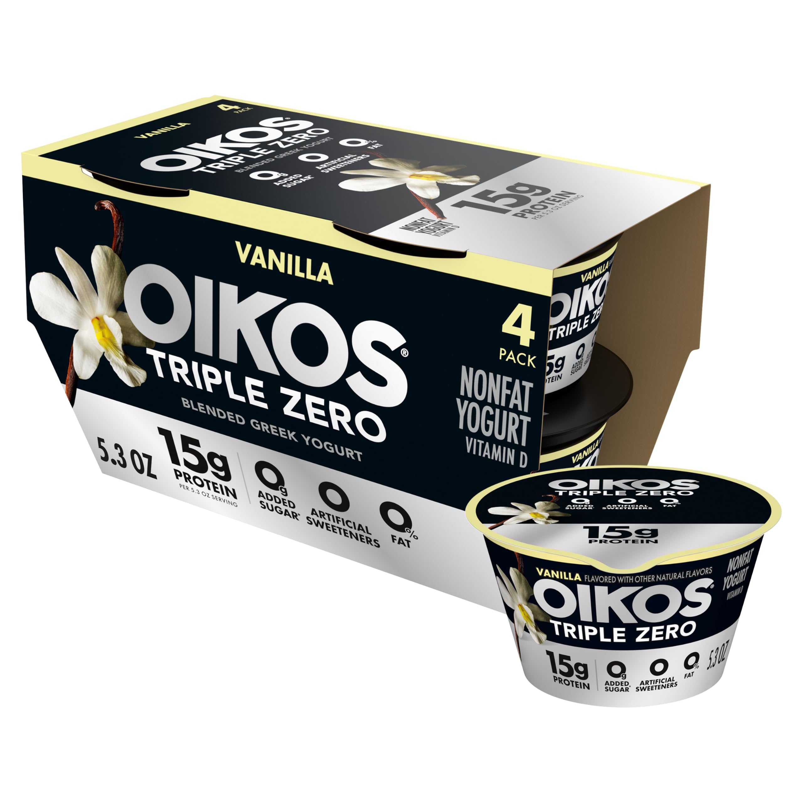 Oikos Triple Zero Greek Yogurt, Vanilla, 15g Protein, 5.3 oz, 4 Count | High-Pro