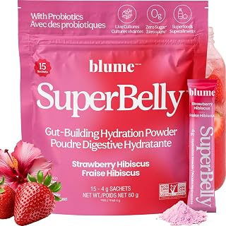 Blume SuperBelly Strawberry Hibiscus, Gut Health + Hydration, 15 sachets | Sugar Free Daily Probiotics, Inulin Fiber, Vit C, and Hydration Powder Packets for Digestion Support, Stacked Water