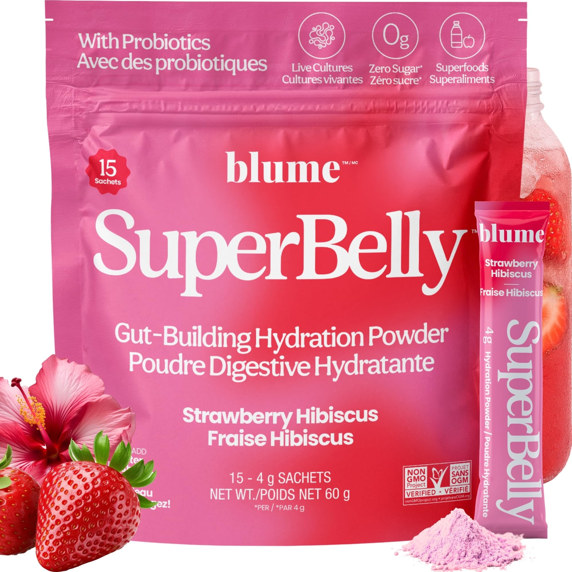 Blume SuperBelly Strawberry Hibiscus, Gut Health + Hydration, 15 sachets | Sugar