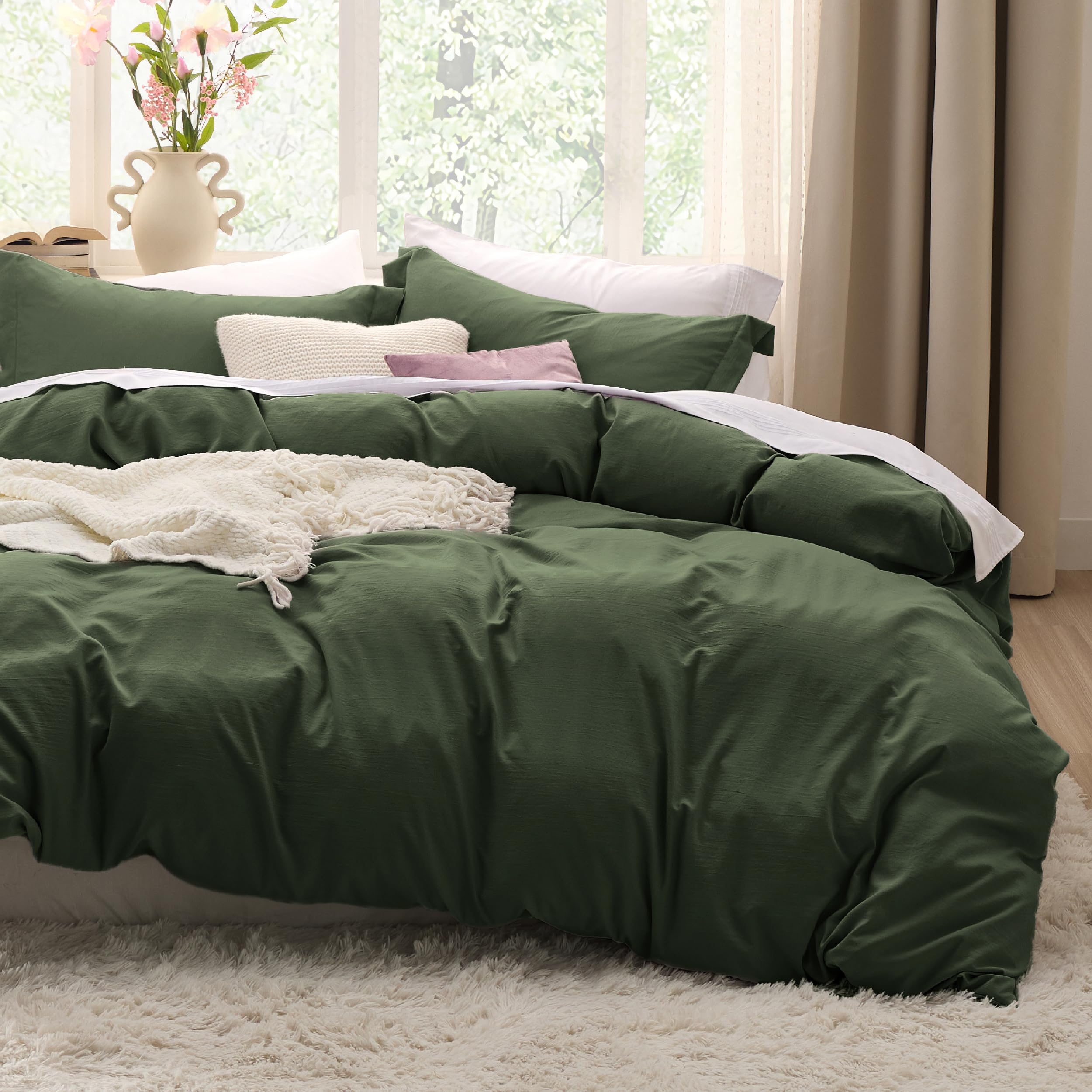 Bedsure Olive Green Duvet Cover Queen - 3Pcs Prewashed Soft Bedding Set