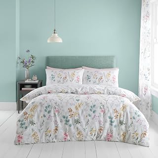 Catherine Lansfield Emilia Reversible Duvet Cover Set with Pillow Cases Floral Design, White and Green