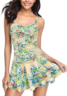 SHEKINI Women's One Piece Ruched Sport Skirted Swimwear Adjustable Vintage One Piece Swimsuit Beach Skirt