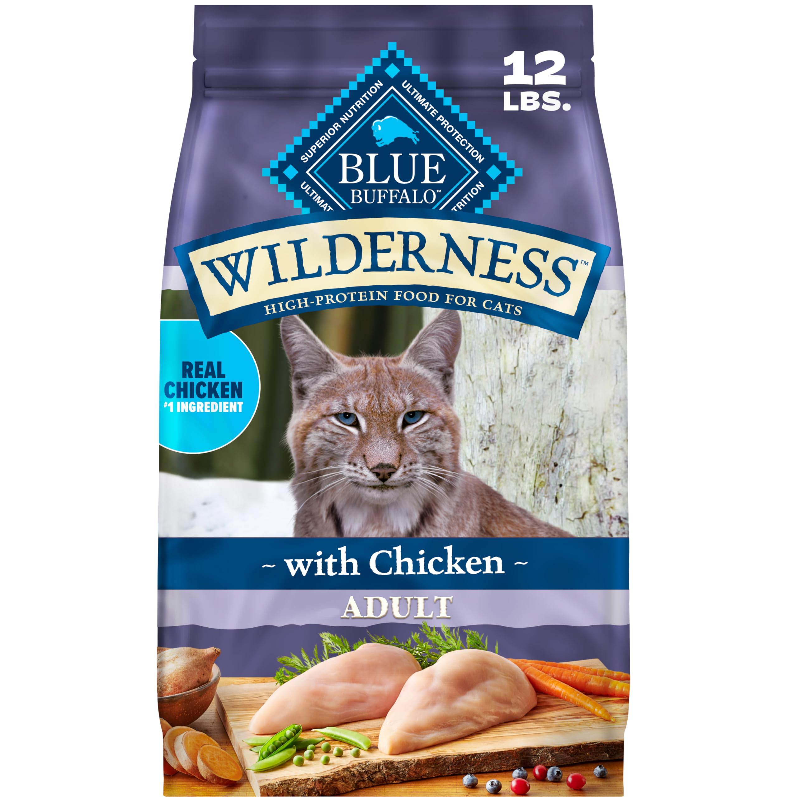 Blue Buffalo Wilderness Chicken Adult Dry Cat Food, Grain-Free, 12 lb | Real Chi