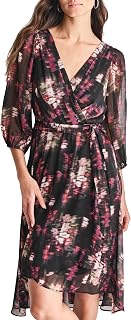 DKNY Women's Chiffon Balloon Sleeve Faux Wrap Midi Dress with High-Low Hem