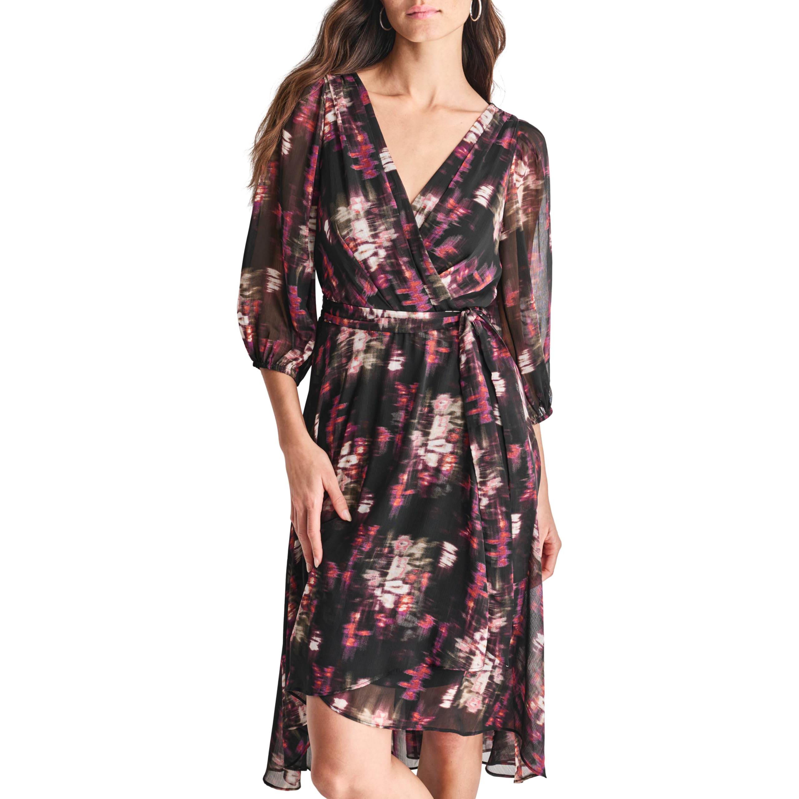 DKNY Women's Chiffon Balloon Sleeve Faux Wrap Midi Dress with High-Low Hem