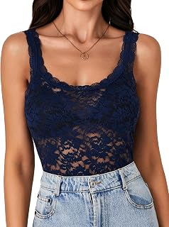 LYANER Women's Floral Lace Scallop Spaghetti Strap Sleeveless Sheer Tank Cami Top Blouse