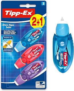 BIC Tipp-Ex Pen Correction Tape, Optimal for School Supplies, Micro Tape Twist, 8 m x 5 mm, with Rotary Head, Blister Pack of 3, Multi-Colour
