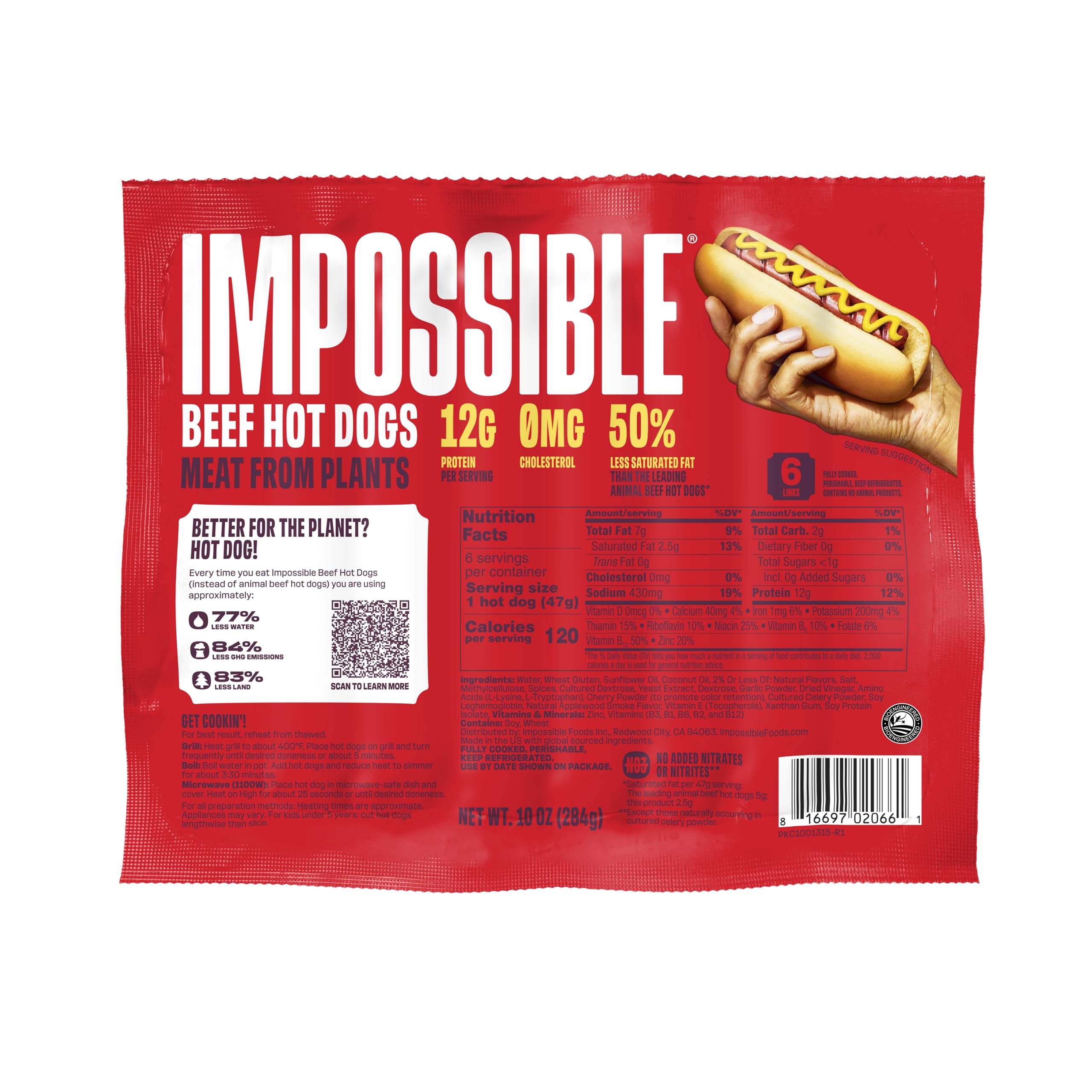 Impossible, Beef Hot Dogs Meat from Plants, Fully Cooked, 6, 6 Count