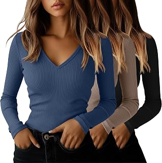 Ficerd 3 Pack Womens Long Sleeve Ribbed Shirts Cotton V Neck Top