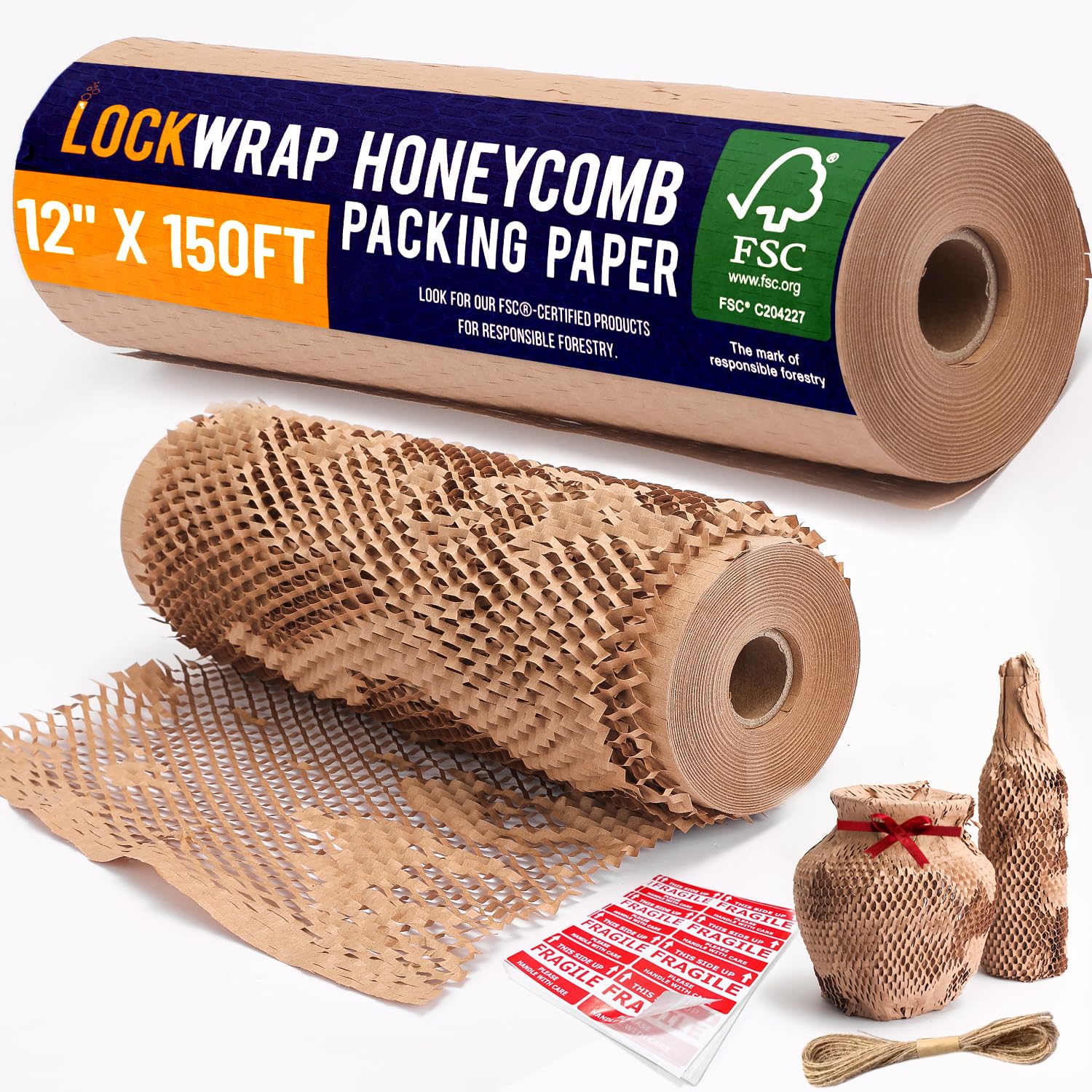 Honeycomb Packing Paper For Moving 12" x 150ft With Rope & Fragile Stickers | Ec