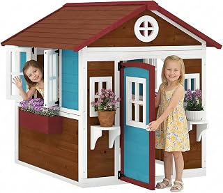 Outsunny Kids Outdoor Playhouse Wooden with Door for 3-8 Years Brown | Large Pretend Play Equipment, Chicken Coop, Door, Windows, Planter Pots, Indoor Playroom, Gift Toys