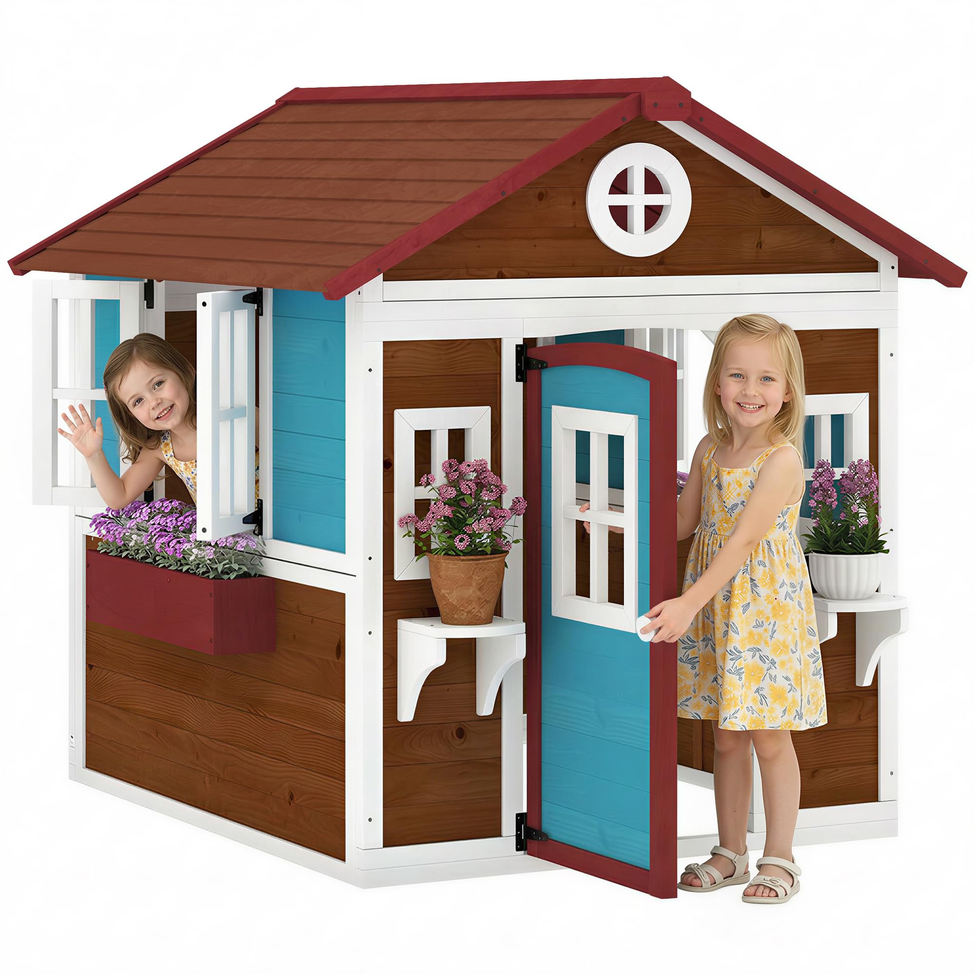 Outsunny Kids Outdoor Playhouse Wooden with Door for 3-8 Years Brown | Large Pre