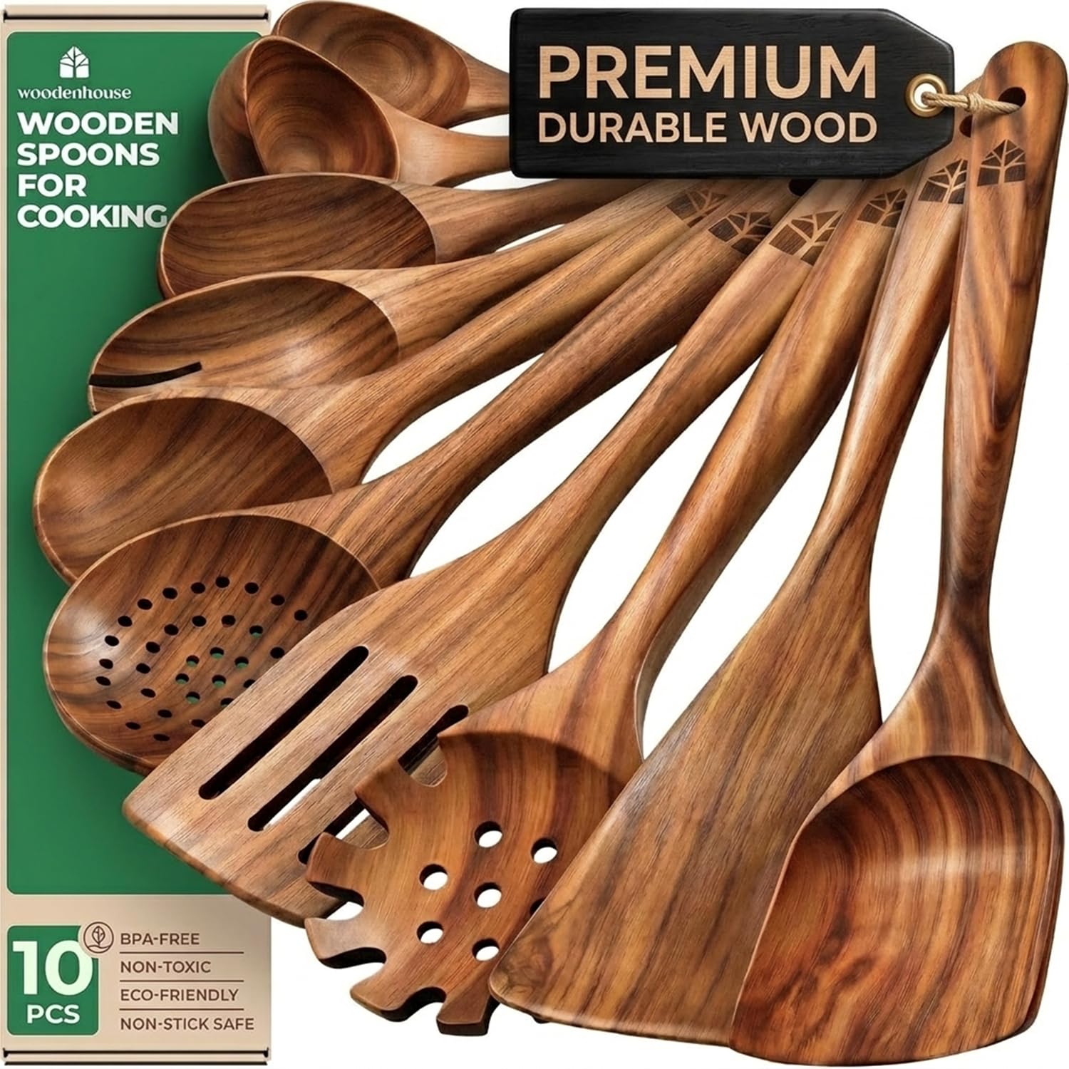 Wooden Spoons for Cooking – 10 Pcs Non Toxic Teak Kitchen Utensils Set | Include