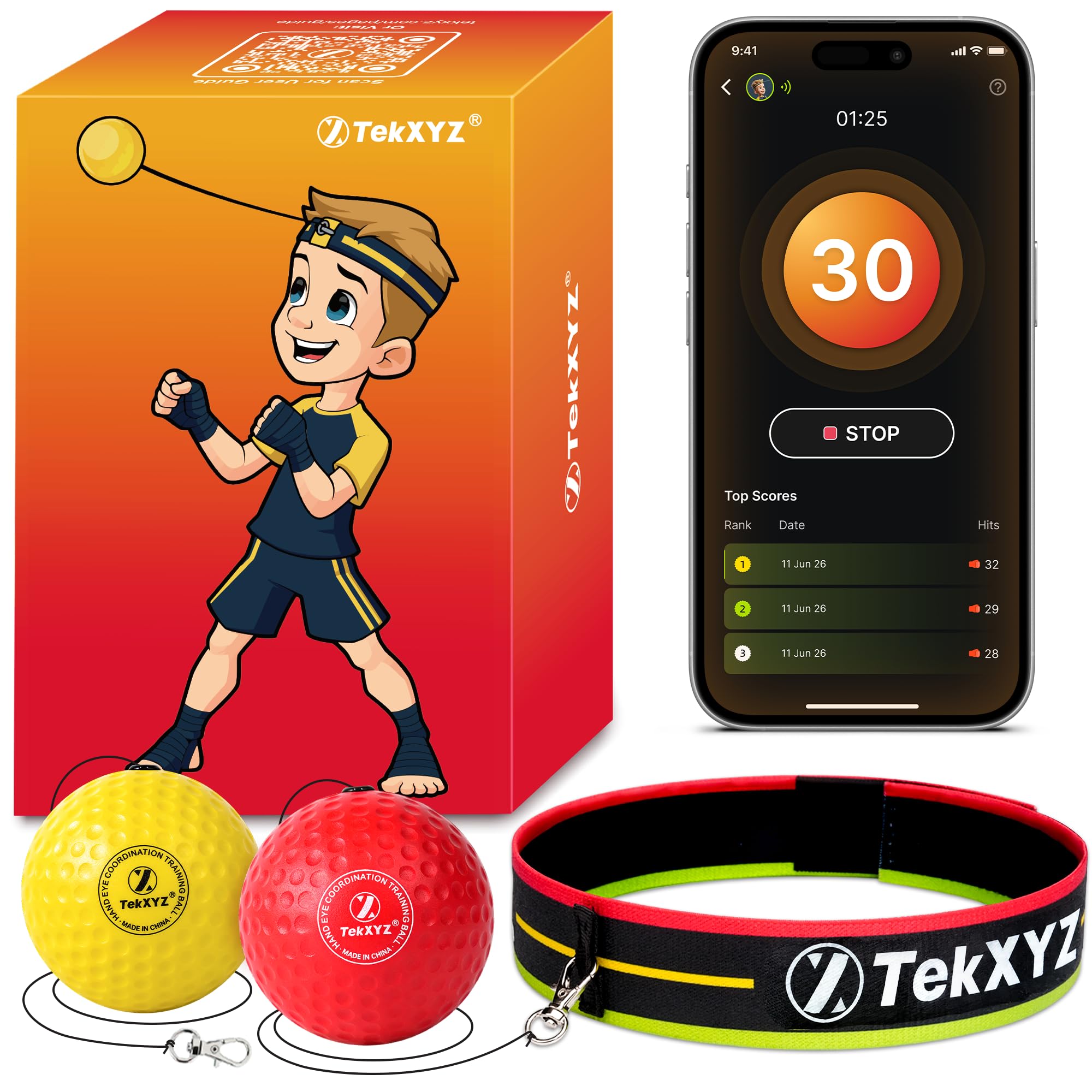 TEKXYZ® Reflex Ball with Counter App & Online Community, 2 Difficulty Levels Box