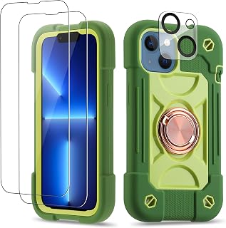 for iPhone 14 Case/iPhone 13 Case 6.1 Inch with Ring Stand, with 2 Pack Glass Screen Protector + 1 Pack Camera Lens Protector,Heavy-Duty Shockproof Military Grade Rugged Cover (Avocado)