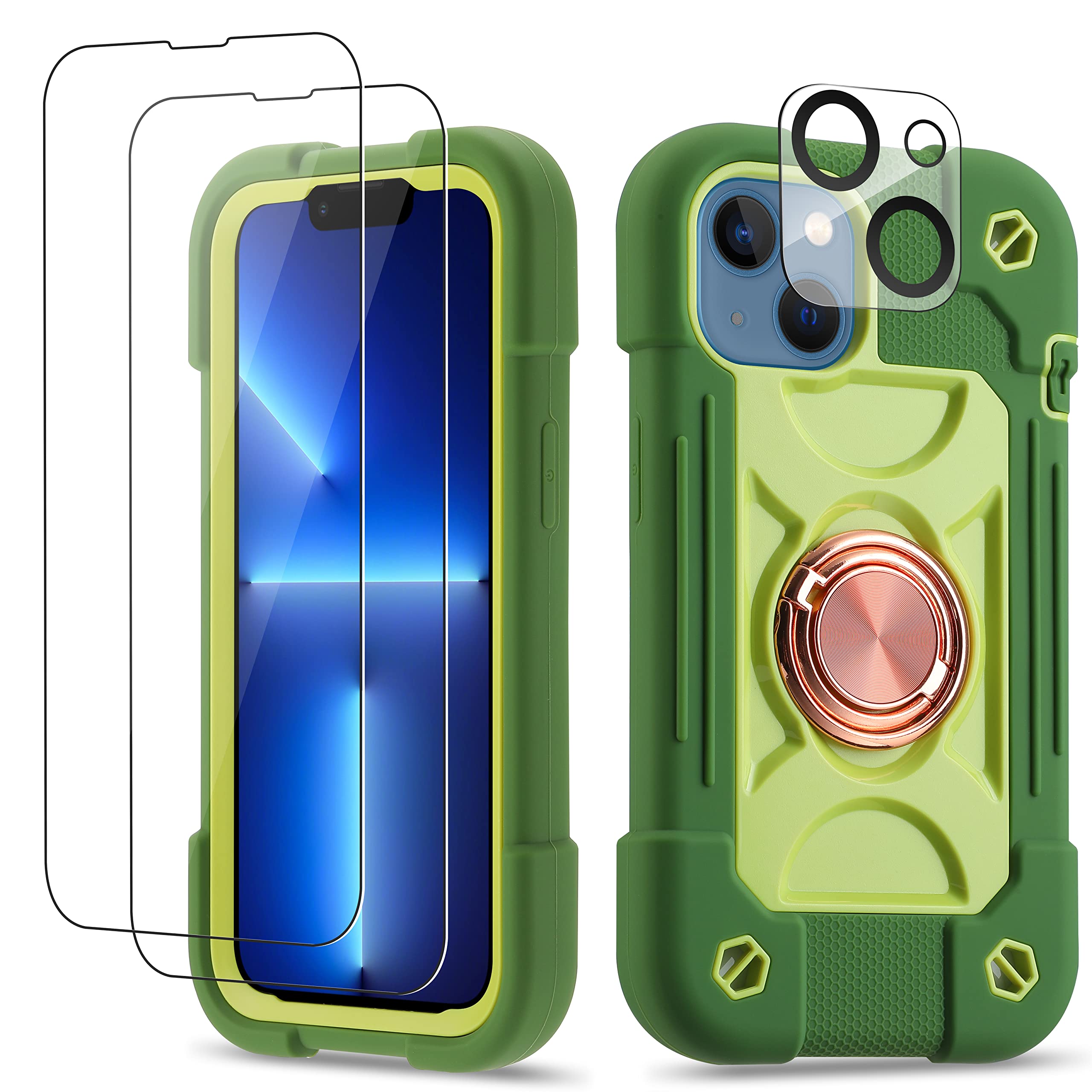 for iPhone 14 Case/iPhone 13 Case 6.1 Inch with Ring Stand, with 2 Pack Glass Sc