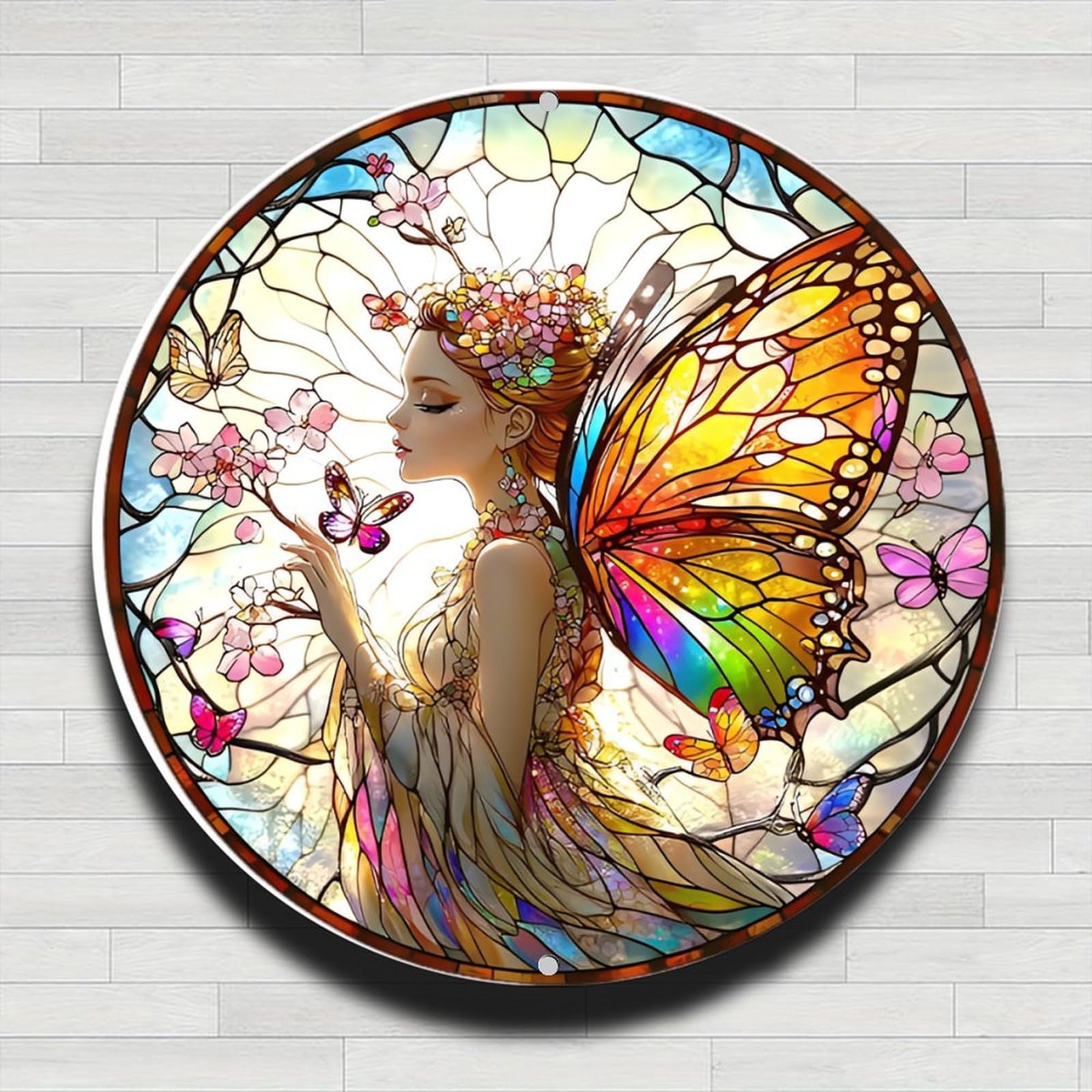 Butterfly Fairy Vintage Rustic Aluminum Metal Round Wall Sign 8 Inch Gifts Indoo