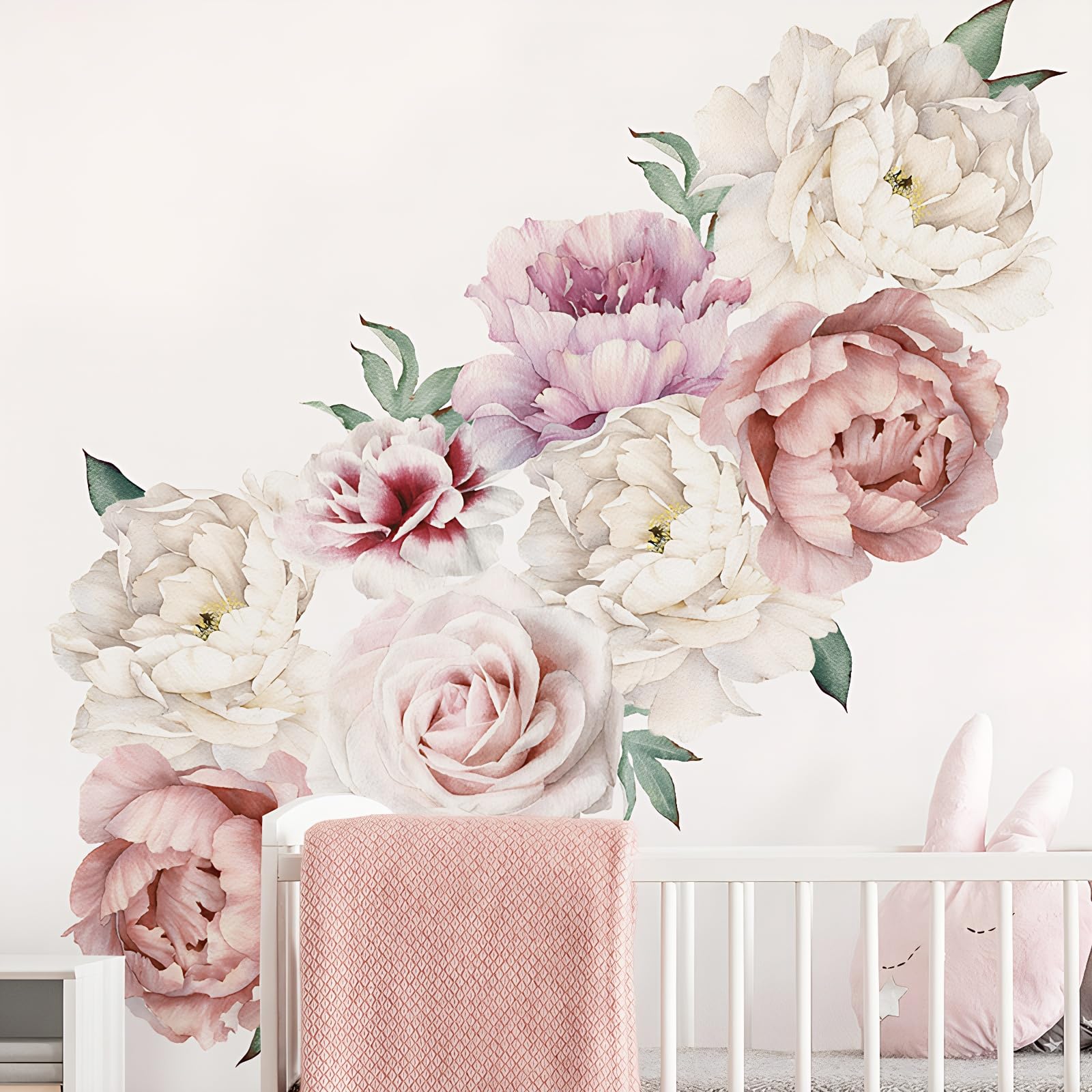 2 Pieces Giant Watercolor Peony Flower Wall Decal 23.6" x 11.8" Pink White Elega
