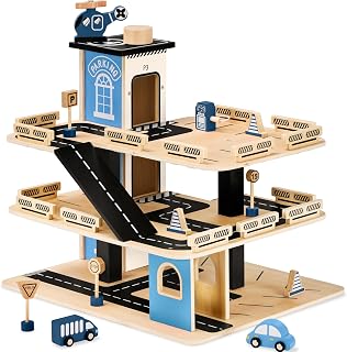 Best Choice Products 3-Story Wooden Parking Garage Playset for Kids, Blue | Toy car garage w/ working elevator, gas station, helipad, road ramps & 11 accessories for pretend play, Ages 3+