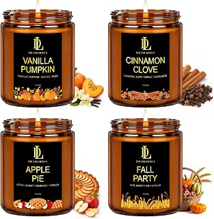DL DREAMY DEWLA Fall Candles Set for Home Scented, 4 Pack 28oz, Soy Wax | Vanilla Pumpkin/Cinnamon Clove/Apple Pie/Fall Party, Thanksgiving Gifts for Women Men, Cozy Fall Decor, 200 Hour Long Lasting