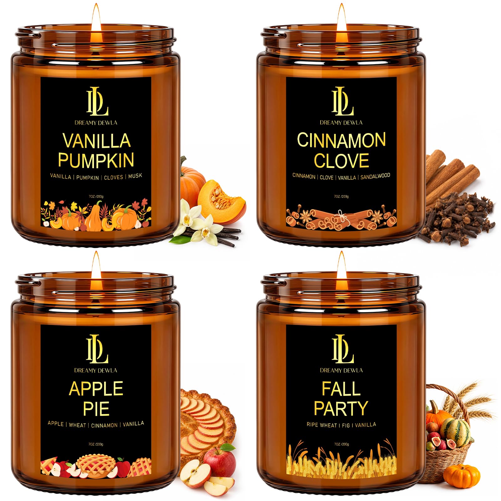 DL DREAMY DEWLA Fall Candles Set for Home Scented, 4 Pack 28oz, Soy Wax | Vanill