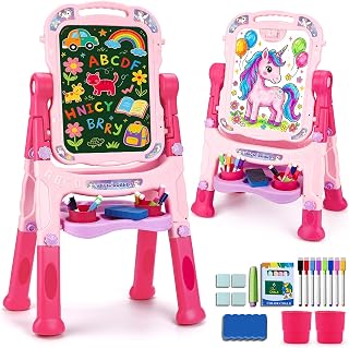 Art Easel for Kids Age 3-4 Magnetic Double-Sided Drawing Board Gifts | Chalkboard & Whiteboard Adjustable Easel with Painting Accessories Educational Toys for 3 4 5 Year Old Girl Birthday Gifts