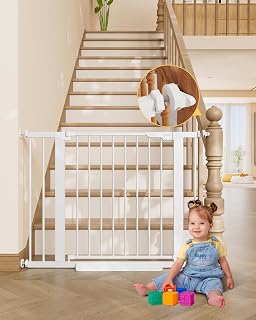 InnoTruth 29.6-39.1 in Wide Baby Gate for Stairs and Doorways, White | Indoor Metal Dog Gate for Pets, Auto Close 2 Way Swing Walk Through Door, Double Lock & Y-Bolts, Pressure or Hardware Mount