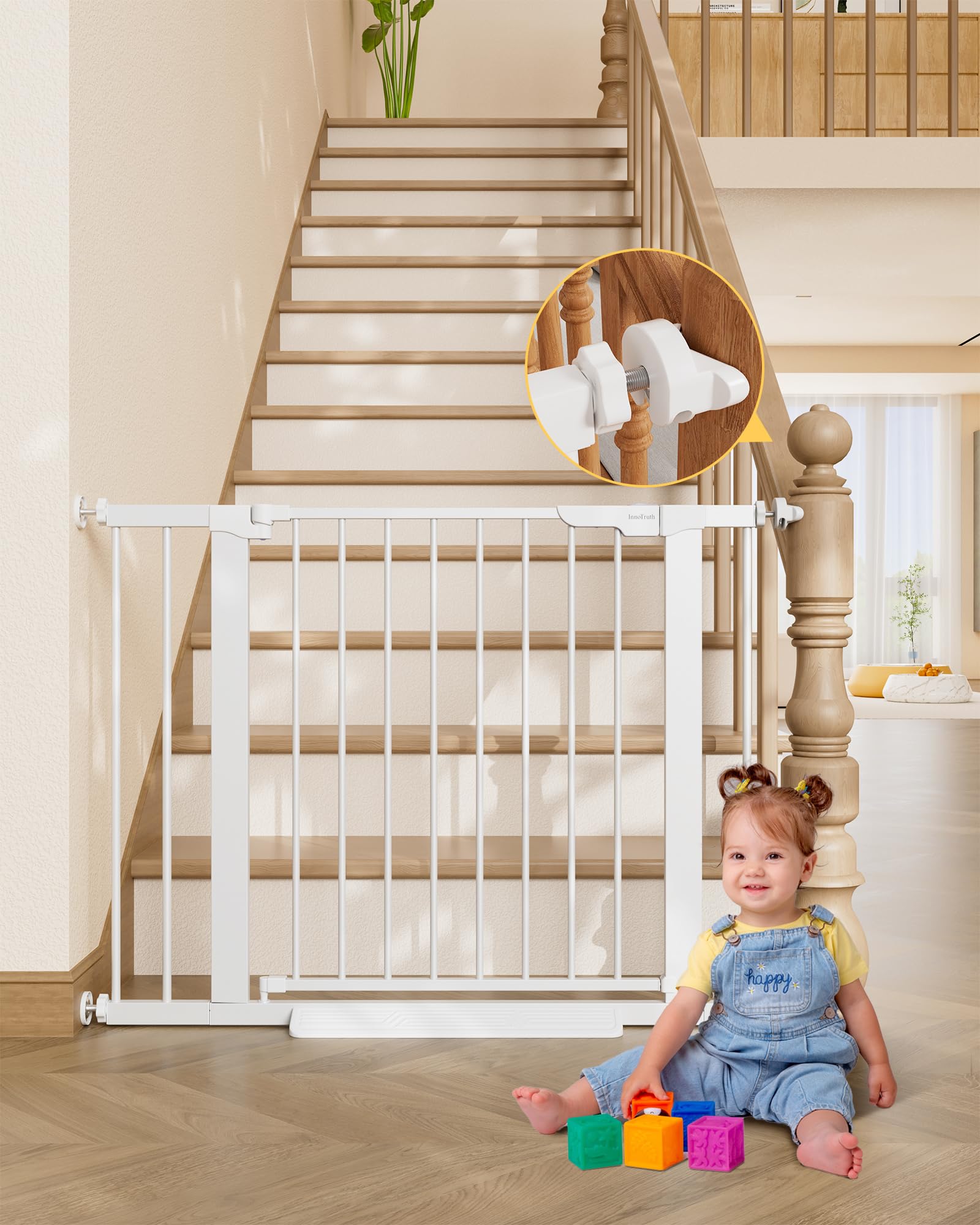 InnoTruth 29.6-39.1 in Wide Baby Gate for Stairs and Doorways, White | Indoor Me