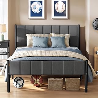 VASAGLE Double Bed Frame, with Upholstered Headboard, 135 x 190 cm