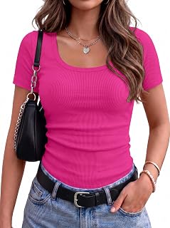 Zeagoo Womens Tops Short Sleeve Rib Knit Basic Tee Scoop Neck Fitted Shirt