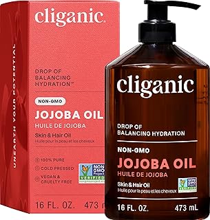 Cliganic Jojoba Oil ,100%, Non-GMO, Cold Pressed for Face, Hair &amp; Skin 16oz | Moisturizing Carrier for Nails, Hexane &amp; Fragrance Free, Unrefined , Pure, Natural Fast Absorbing, Bulk Fast Absorbing
