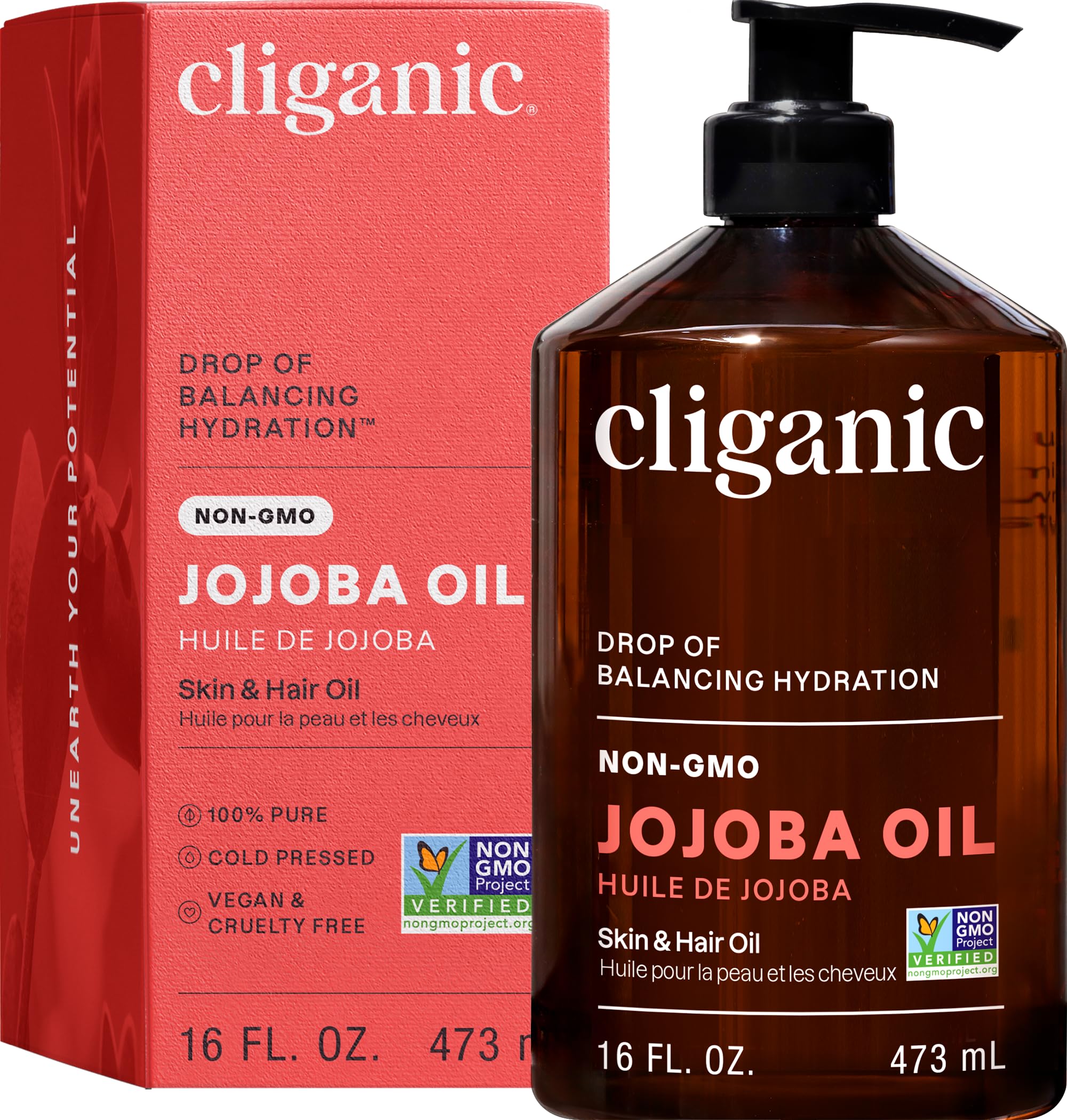 Cliganic Jojoba Oil ,100%, Non-GMO, Cold Pressed for Face, Hair &amp; Skin 16oz 