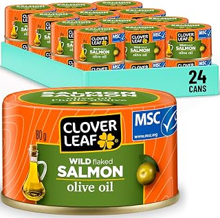 Clover Leaf Wild Flaked Pink Salmon Olive Oil 80g, 24 Easy-Peel Cans | Flavoured, High Protein, Canned, for Snack, Salad & Main Meal, Omega-3 & Vitamin D, No Preservatives or Additives