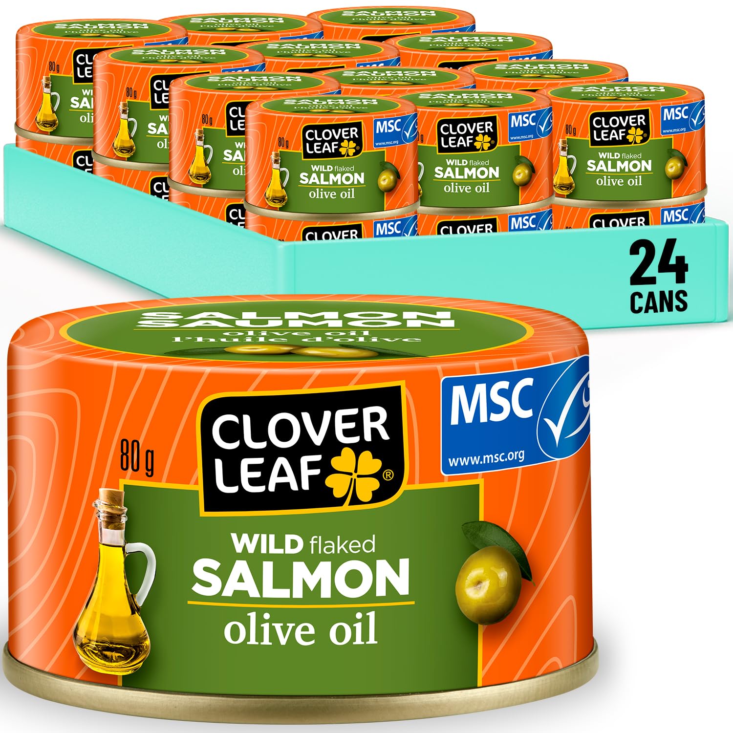 Clover Leaf Wild Flaked Pink Salmon Olive Oil 80g, 24 Easy-Peel Cans | Flavoured