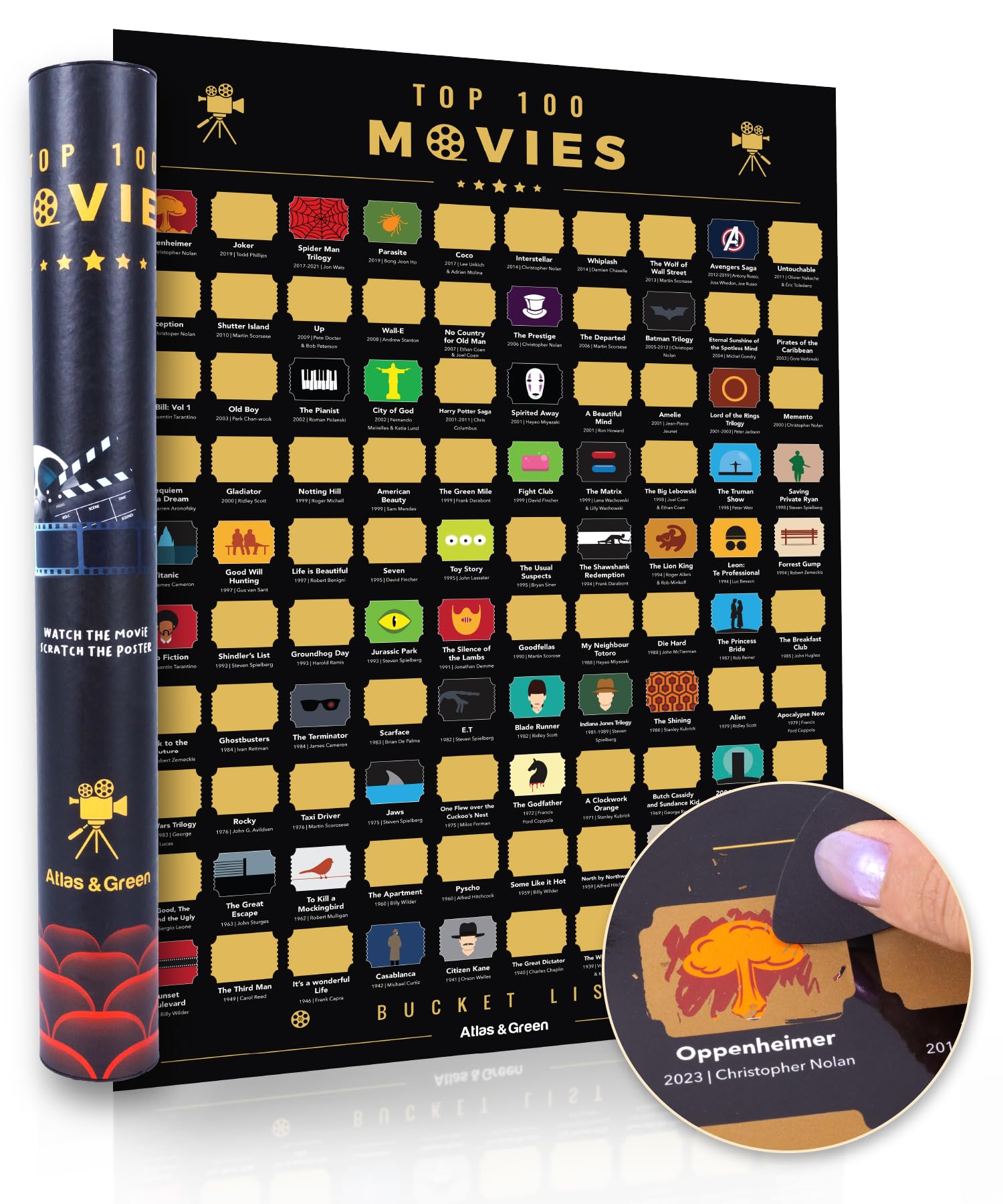 Atlas & Green Top 100 Movies Scratch Off Poster, A2 Movie Wall Decor Gift | Ulti