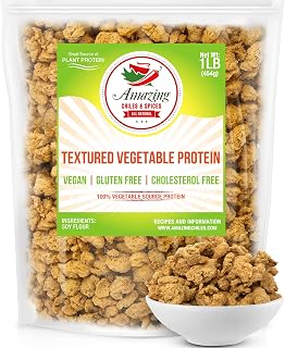 Textured Vegetable Protein TVP 1LB - Unflavored Soy Meat Substitute Vegan | High protein plant based chunks for tacos, chili, burgers, bolognese & stir fry. Cholesterol free. Bulk resealable bag.