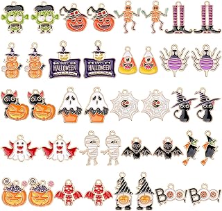 MARFOREVER 40 Pcs/20 Pairs Halloween Charms for Jewelry Making | Enamel Halloween Charms Bulk, Pumpkin Bat Skeleton Witch Spider Candy Charm Pendants, Bracelet Necklace Earrings Making Craft