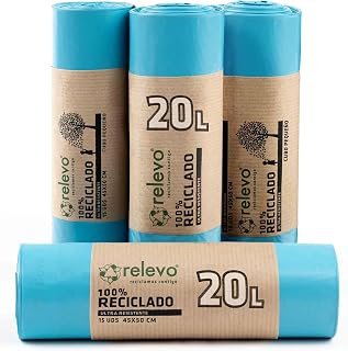 Relevo Blue Drawstring Bin Bags - 20L (Width 45 cm x Height 46 cm), 60 Bags (4 Rolls × 15 Bags) | Extra Strong Bin Liners| 100% Recycled LDPE from Greenhouses | Blue Angel Certified